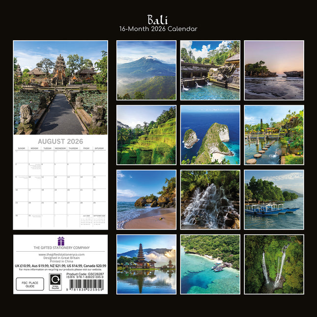 Bali - 2026 Square Wall Calendar 16 Months World & Travel Premium Planner Gift