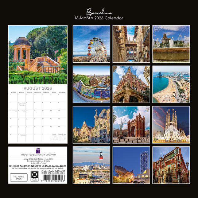 Barcelona 2026 Square Wall Calendar 16 Month World & Travel Premium Planner Gift