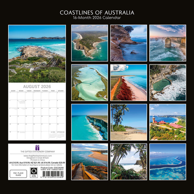 Coastlines of Australia 2026 Square Wall Calendar 16 Months Travel Planner Gift