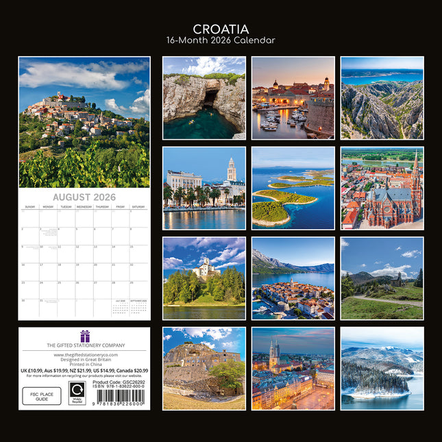 Croatia - 2026 Square Wall Calendar 16 Month World & Travel Premium Planner Gift