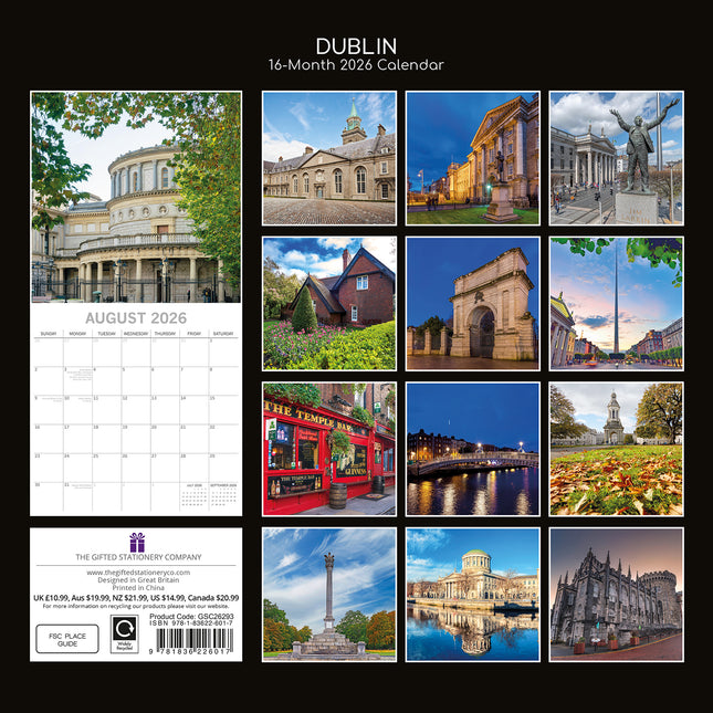 Dublin - 2026 Square Wall Calendar 16 Months World & Travel Premium Planner Gift