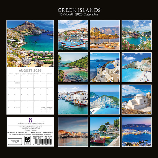 Greek Islands - 2026 Square Wall Calendar 16 Months World & Travel Planner Gift