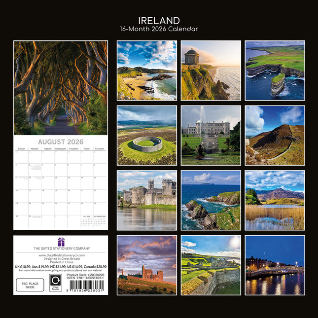 Ireland - 2026 Square Wall Calendar 16 Month World & Travel Premium Planner Gift