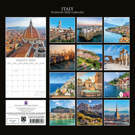Italy - 2026 Square Wall Calendar 16 Months World & Travel Premium Planner Gift