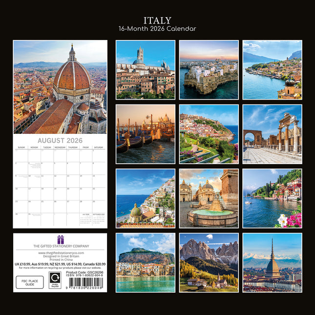 Italy - 2026 Square Wall Calendar 16 Months World & Travel Premium Planner Gift