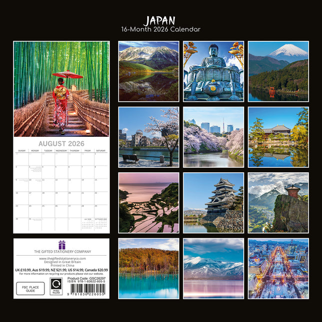 Japan - 2026 Square Wall Calendar 16 Months World & Travel Premium Planner Gift