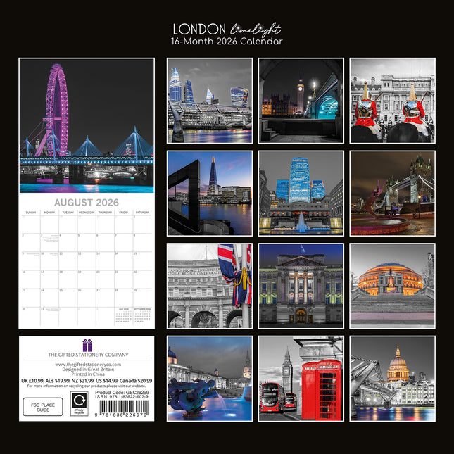 London Limelight 2026 Square Wall Calendar 16 Months World & Travel Planner Gift