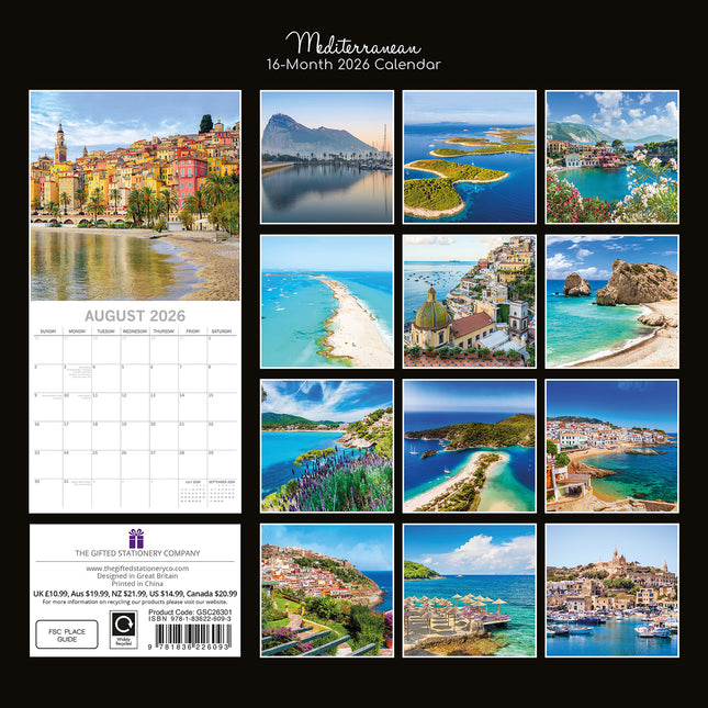 Mediterranean - 2026 Square Wall Calendar 16 Months World & Travel Planner Gift