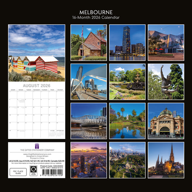 Melbourne 2026 Square Wall Calendar 16 Month World & Travel Premium Planner Gift