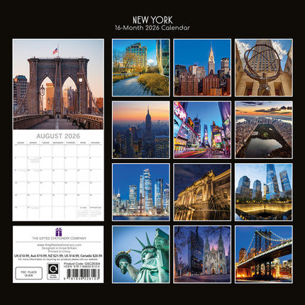 New York 2026 Square Wall Calendar 16 Months World & Travel Premium Planner Gift