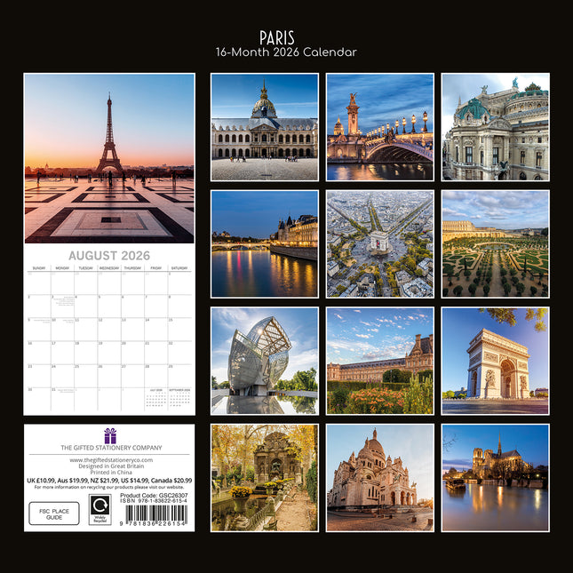 Paris - 2026 Square Wall Calendar 16 Months World & Travel Premium Planner Gift