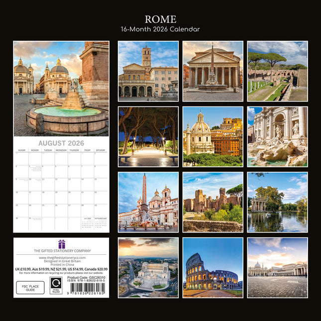 Rome - 2026 Square Wall Calendar 16 Months World & Travel Premium Planner Gift