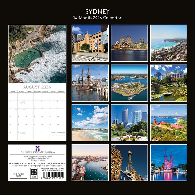 Sydney - 2026 Square Wall Calendar 16 Months World & Travel Premium Planner Gift