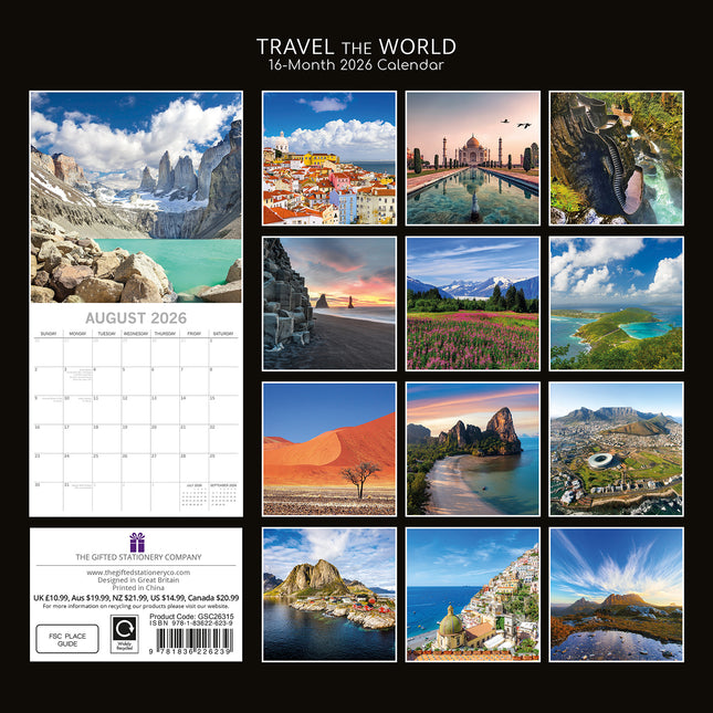 Travel the World 2026 Square Wall Calendar 16 Months World & Travel Planner Gift