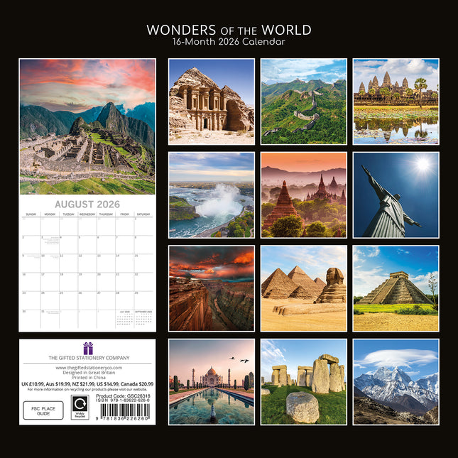 Wonders of the World 2026 Square Wall Calendar 16 Months World & Travel Planner