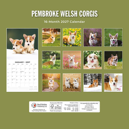 Pembroke Welsh Corgis 2027 square wall calendar - back cover