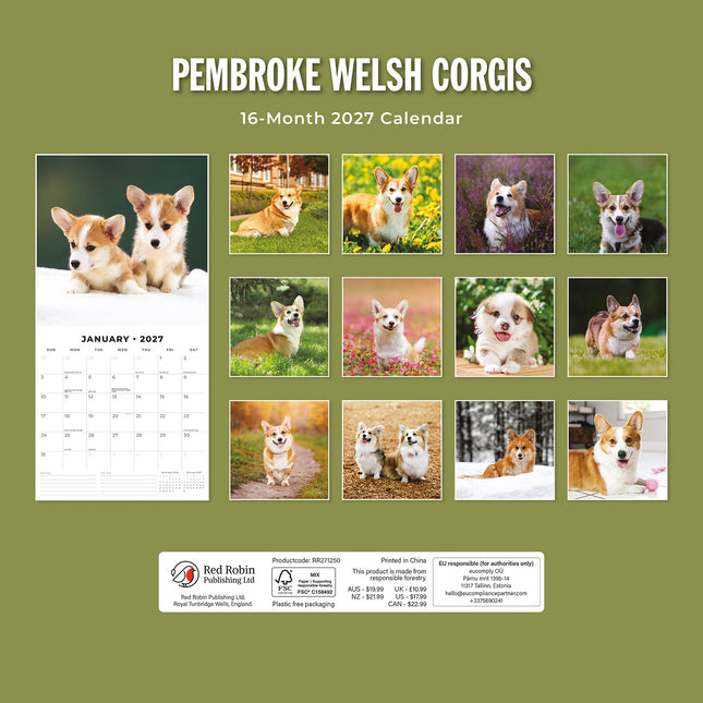 Pembroke Welsh Corgis 2027 square wall calendar - back cover