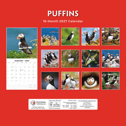 Puffins 2027 square wall calendar - back cover