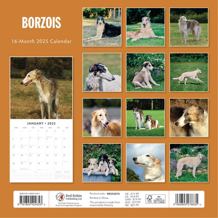 Borzois 2025 Square Wall Calendar Animals 16 Month Premium New Year Planner Gift