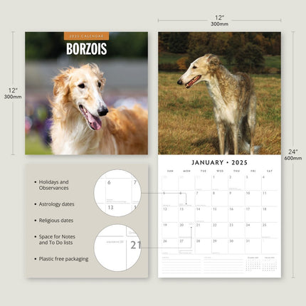 Borzois 2025 Square Wall Calendar Animals 16 Month Premium New Year Planner Gift