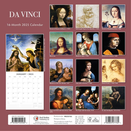 Da Vinci - 2025 Square Wall Calendar Fine Art 16 Months Premium New Year Planner