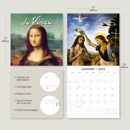 Da Vinci - 2025 Square Wall Calendar Fine Art 16 Months Premium New Year Planner