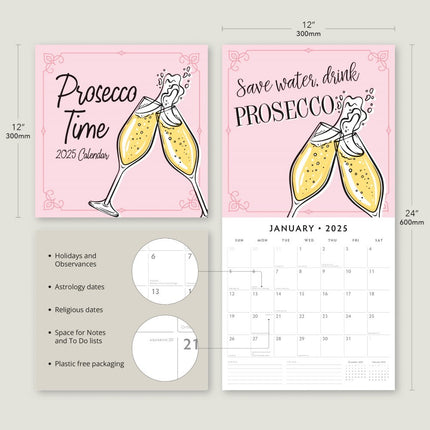 Prosecco Time - 2025 Square Wall Calendar Food & Drink 16 Months Premium Planner