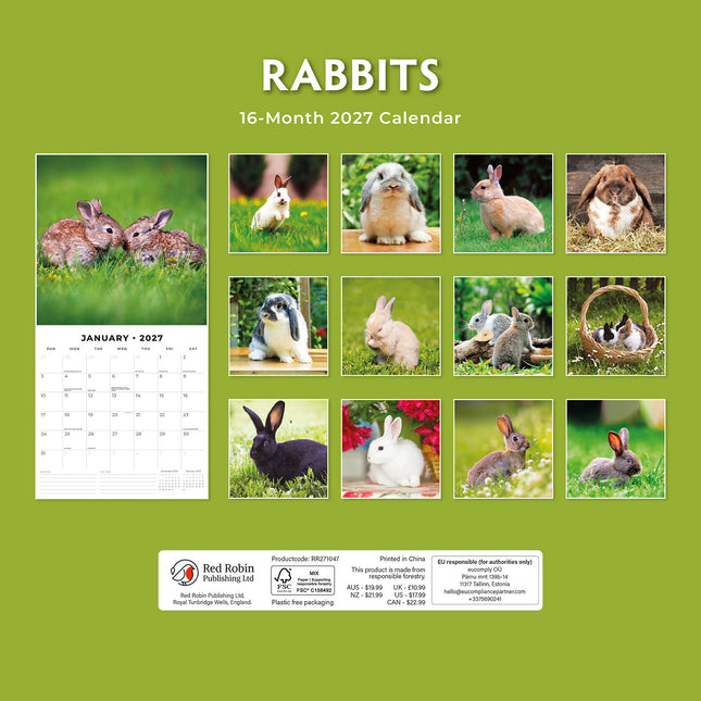 Rabbits 2027 square wall calendar - back cover