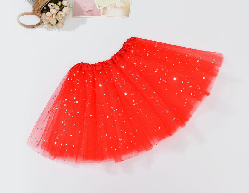 Sequin Tulle Tutu Skirt Ballet Kids Princess Dressup Party Baby Girls Dance Wear - Red