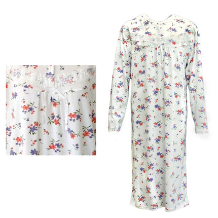 100% Cotton Women Nightie Night Gown Pajamas Pyjamas Winter Sleepwear PJs Dress - Red & Purple Flowers