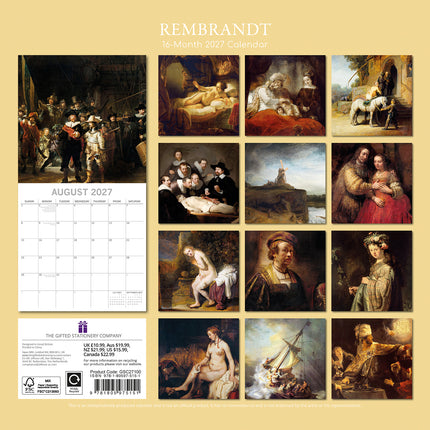 Rembrandt 2027 Premium Square Wall Calendar back cover