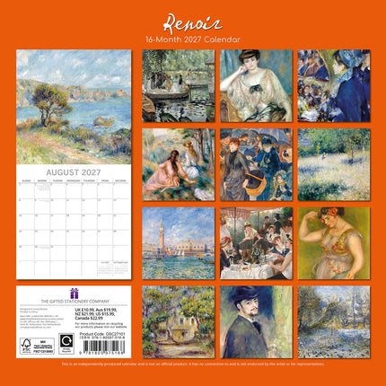 Renoir 2027 Premium Square Wall Calendar back cover