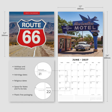 Route 66 2027 square wall calendar - product specifications