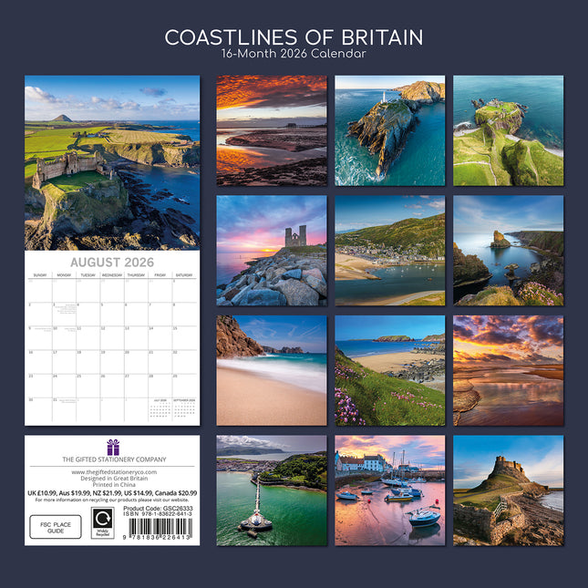 Coastlines of Britain 2026 Square Wall Calendar 16 Months New Year Planner Gift