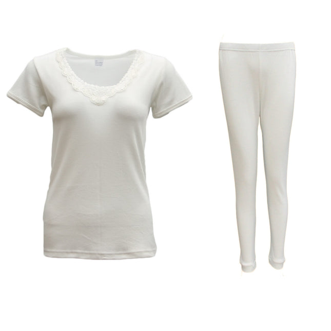 new-womens-2pcs-set-merino-wool-short-sleeve-top-shirt-thermal-leggings-pajamas