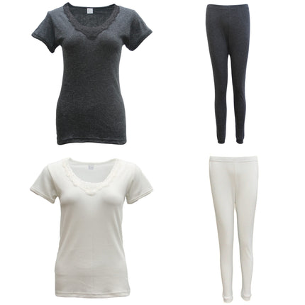 new-womens-2pcs-set-merino-wool-short-sleeve-top-shirt-thermal-leggings-pajamas