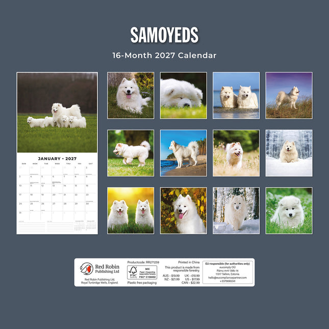Samoyeds 2027 square wall calendar - back cover