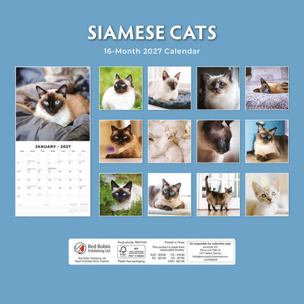 Siamese Cats 2027 square wall calendar - back cover