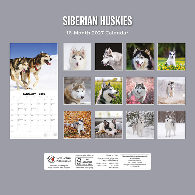 Siberian Huskies 2027 square wall calendar - back cover