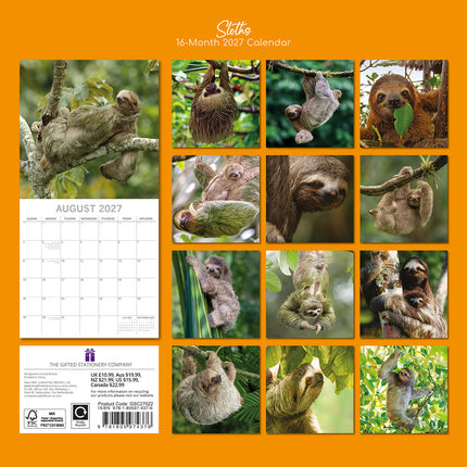 Sloths 2027 Premium Square Wall Calendar back cover