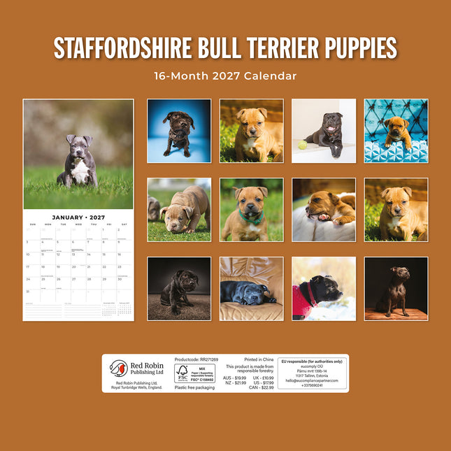 Staffordshire Bull Terrier Puppies 2027 square wall calendar - back cover
