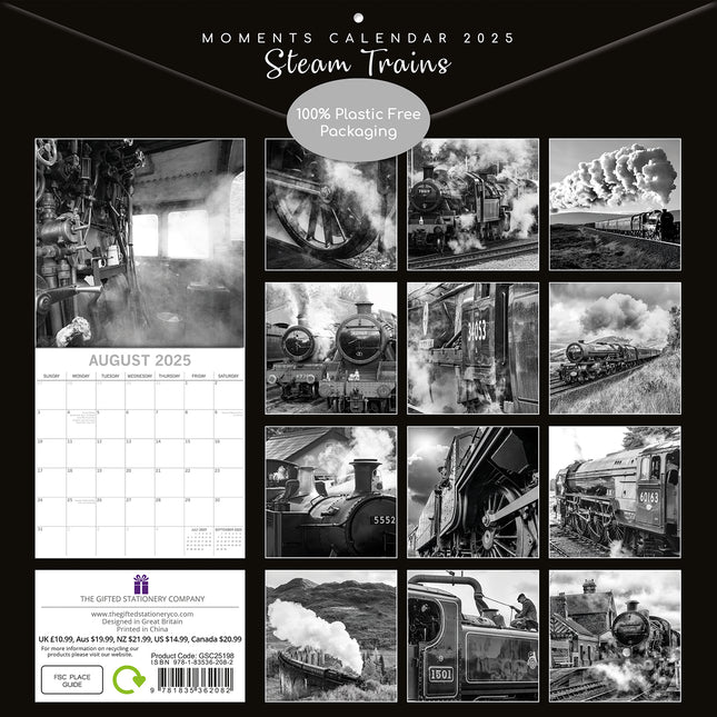 Steam Trains 2025 Square Wall Calendar 16 Months Premium Planner Christmas Gift