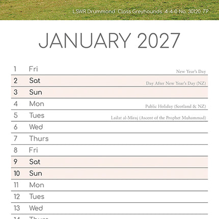 Steam Trains 2027 Premium Slim Wall Calendar January sample page