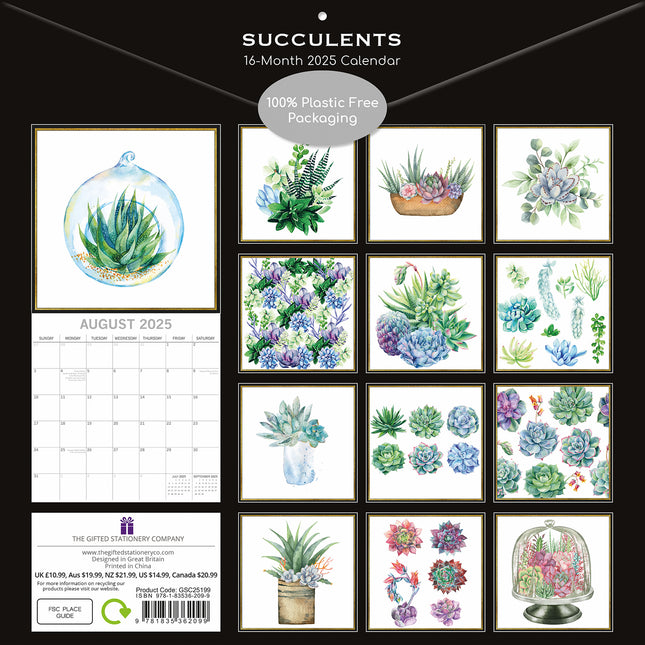 Succulents - 2025 Square Wall Calendar Arts 16 Months Premium Planner Gift