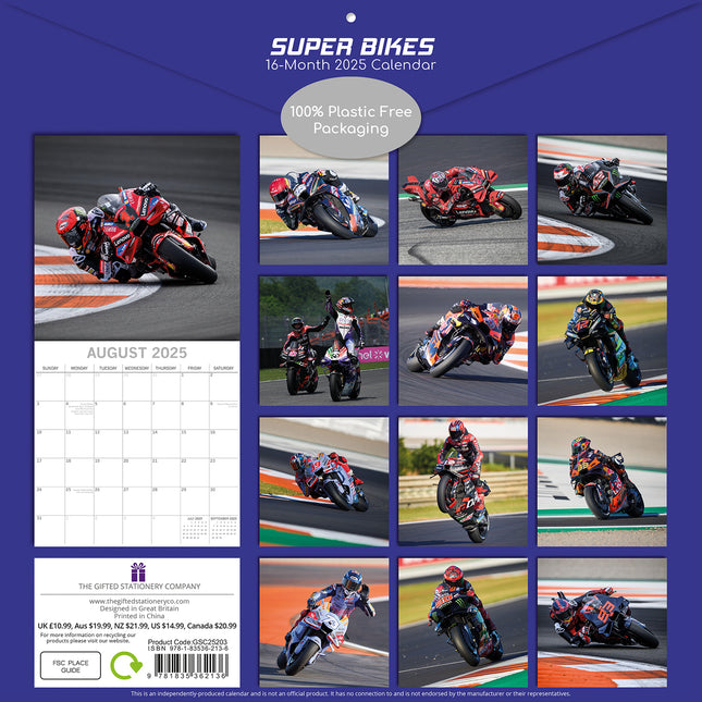 Super Bikes 2025 Square Wall Calendar 16 Months Christmas New Year Planner Gift