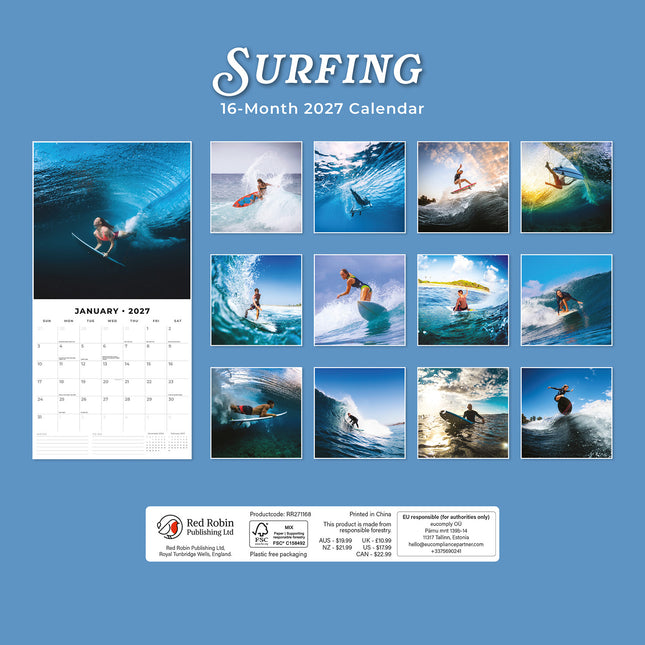 Surfing 2027 square wall calendar - back cover