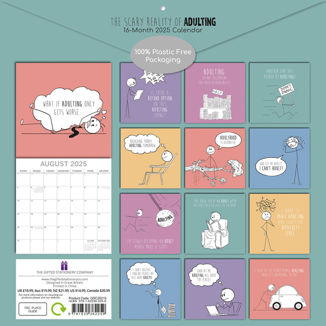 The Scary Reality of Adulting - 2025 Square Wall Calendar 16 Months Planner Gift