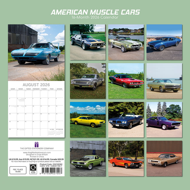 American Muscle Cars - 2026 Square Wall Calendar 16 Months New Year Planner Gift