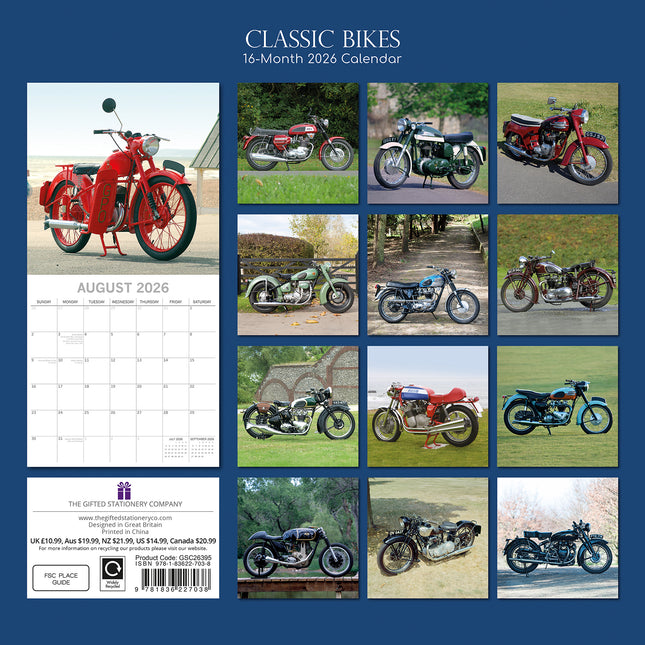 Classic Bikes - 2026 Square Wall Calendar 16 Month New Year Premium Planner Gift
