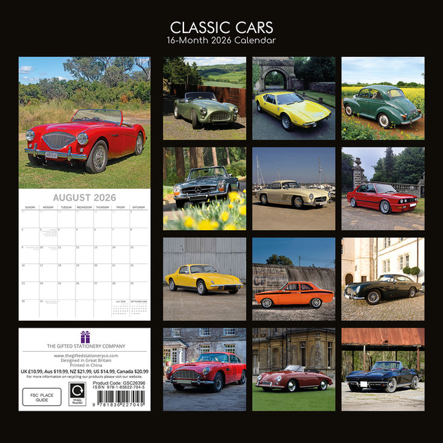 Classic Cars - 2026 Square Wall Calendar 16 Months New Year Premium Planner Gift